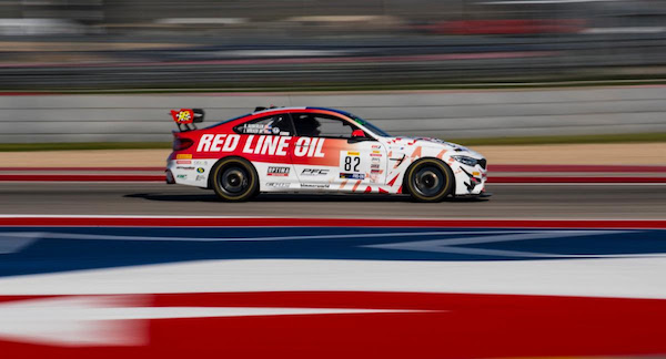 The No. 82 Redline SRO BMW M4 GT4 on track at COTA