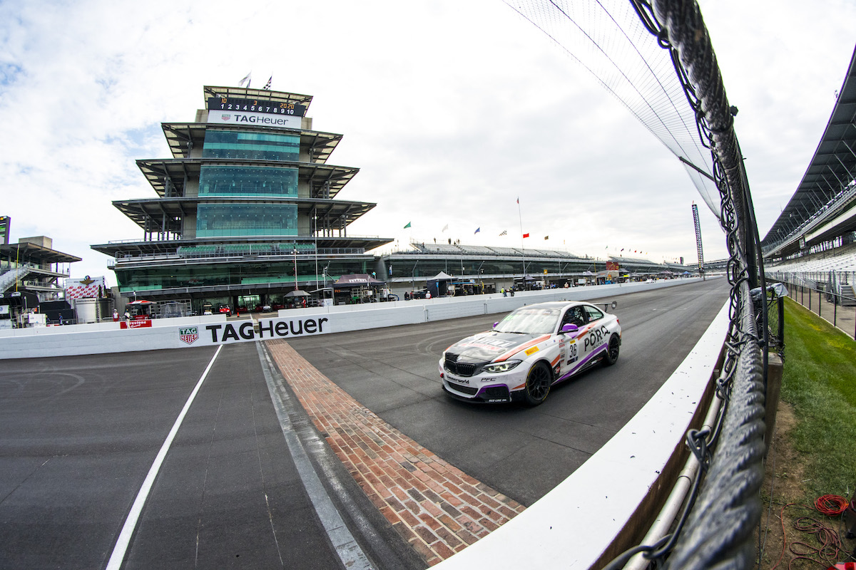 James Clay in his M240iR crossing the finish line at Indy