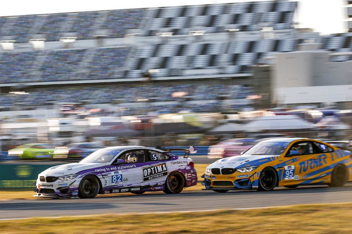 Nose-to-tail BMW M4 GT4s from BWR and TMS BimmerWorld Racing - IMSA Michelin Pilot Challenge - Daytona International Speedway
