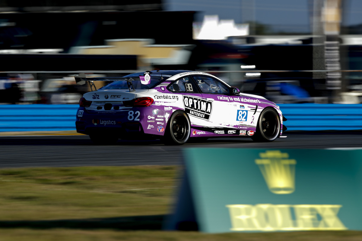 Rear 3/4 shot of BWR M4 GT4 BimmerWorld Racing - IMSA Michelin Pilot Challenge - Daytona International Speedway