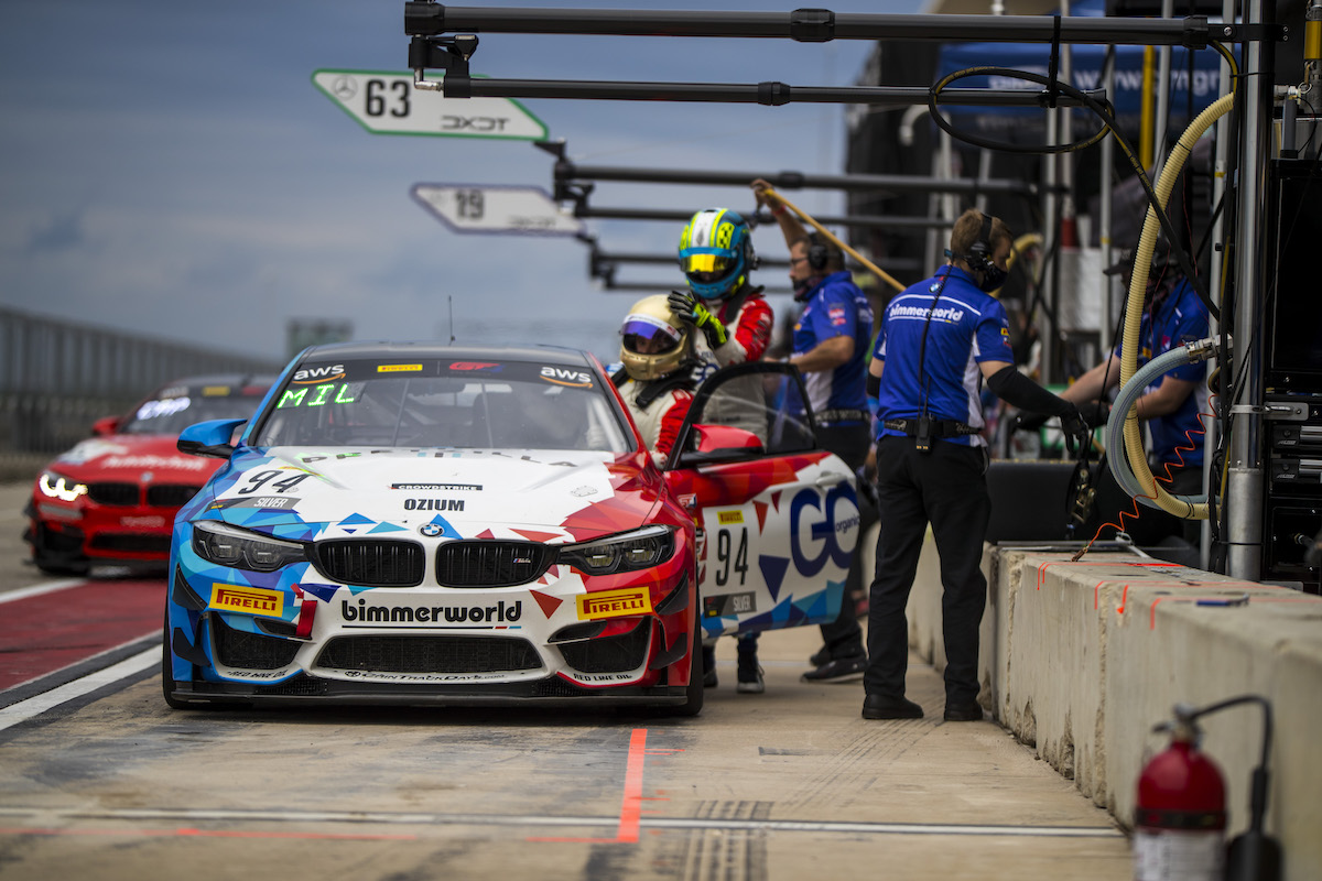 No. 94 BimmerWorld TAC Energy M4 GT4 in the pits during a driver change