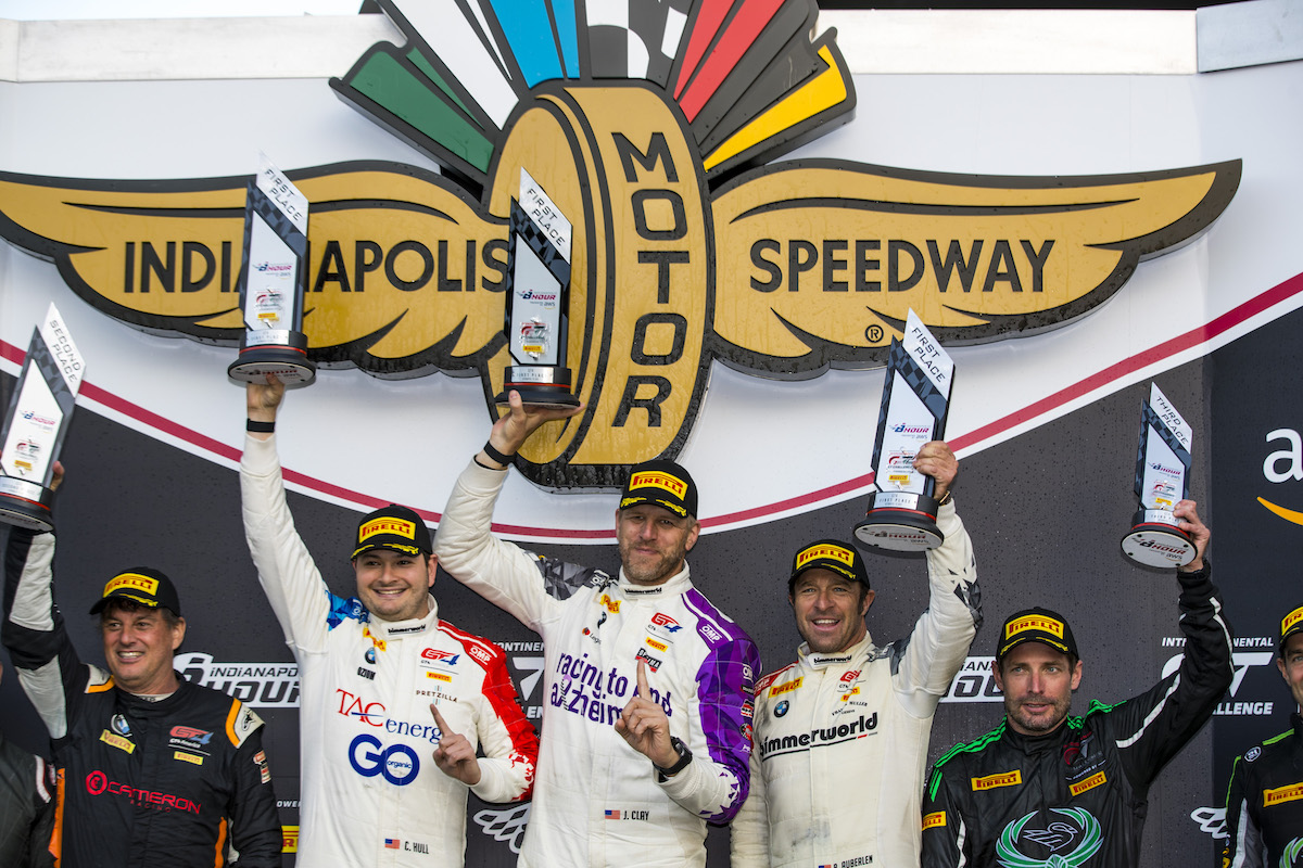 Hull, Clay, Auberlen on podium with first-place trophies at Indy 8-hour 2021